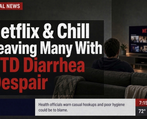 Fostoria News Person watching Netflix with headline about STD diarrhea despair.